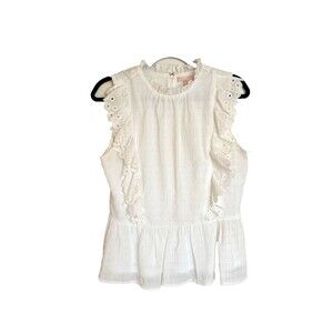LoveColette Size L White Sleeveless Women’s Blouse Eyelet Lace Ruffles